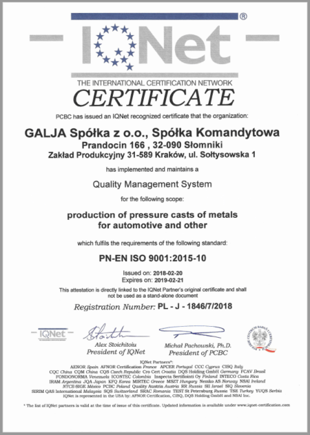 Odlewnia cynku i aluminium GALJA Kraków certyfikat ISO 9001:2015-10