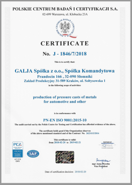 Odlewnia aluminium GALJA certyfikat J-1846/7/2018 EN