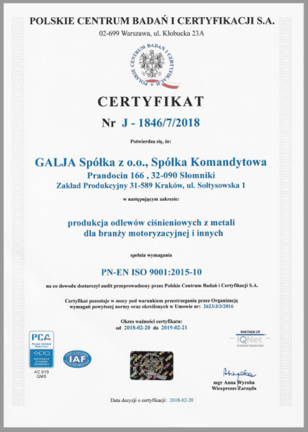 Odlewnia aluminium GALJA certyfikat J-1846/7/2018 - produkcja odlewów ciśnieniowych z metali dla branży motoryzacyjnej i innych